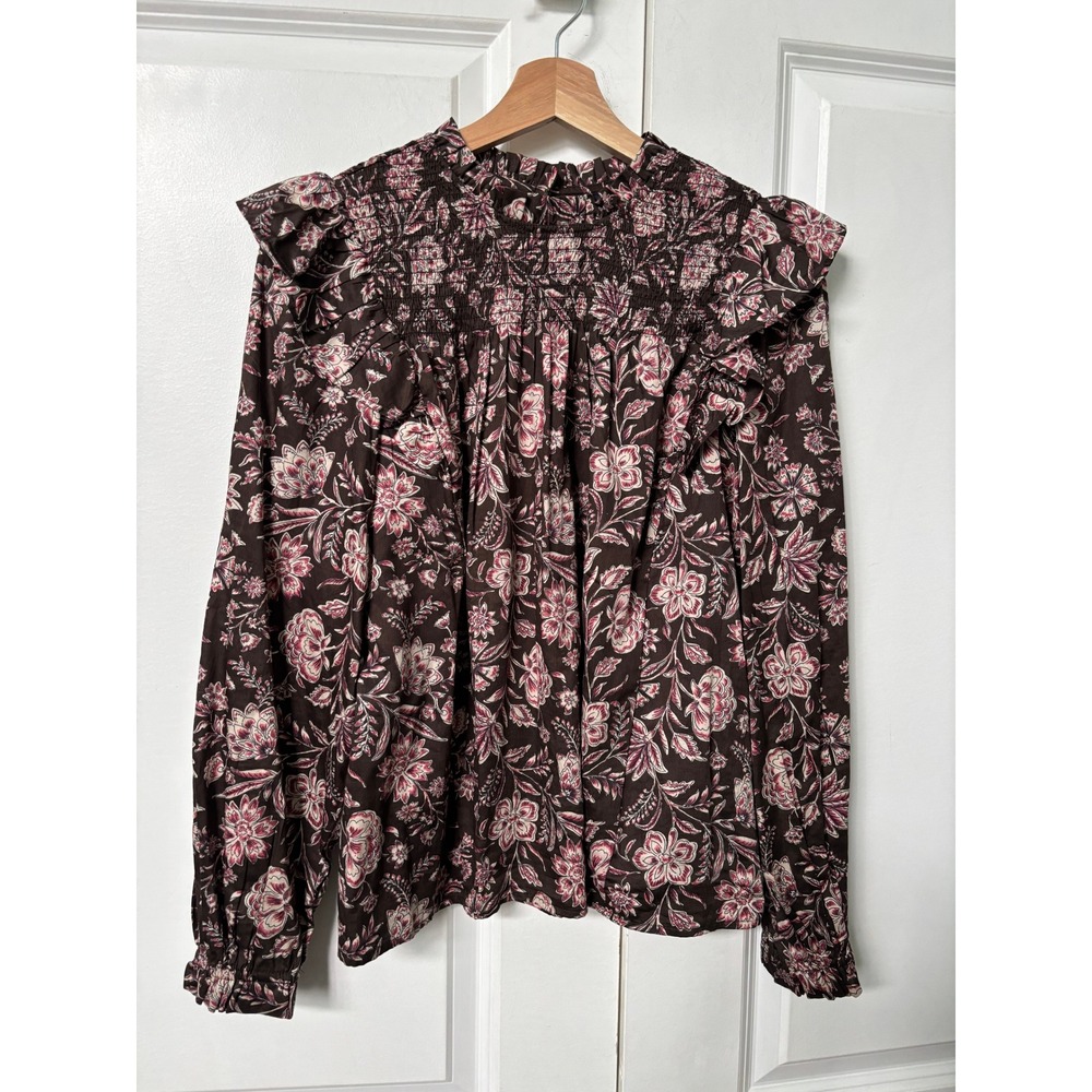 GAP Brown Floral Smocked Ruffle Yoke Blouse‎ Long Sleeve XS Brown Floral Boho - Picture 2 of 7
